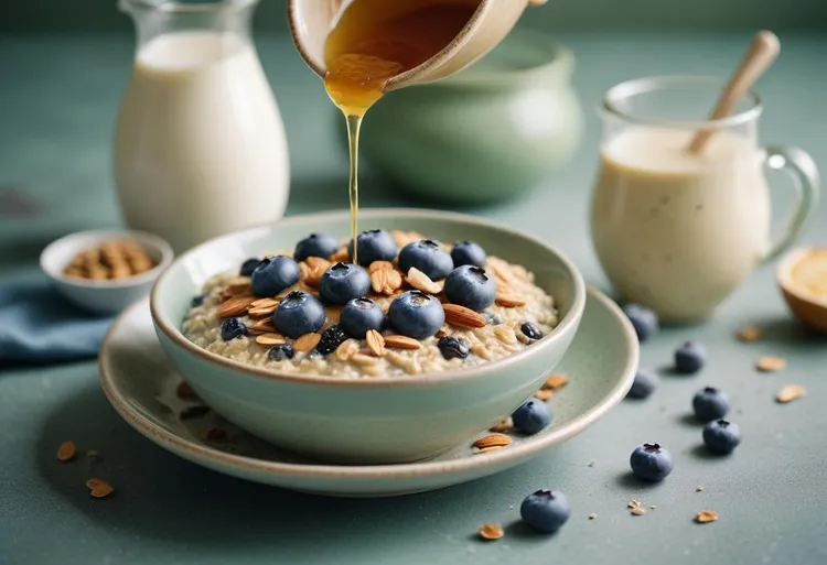 Blueberry almond overnight oats with chia seeds and honey