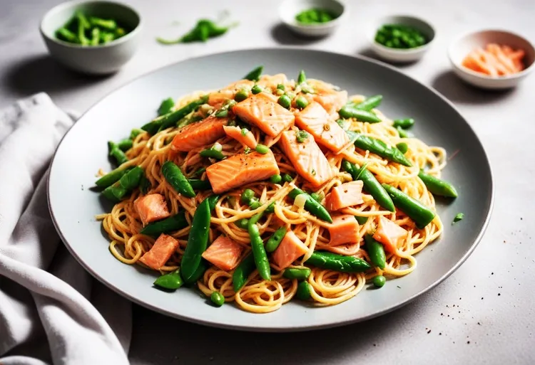 Chilli spaghetti with salmon and snow peas