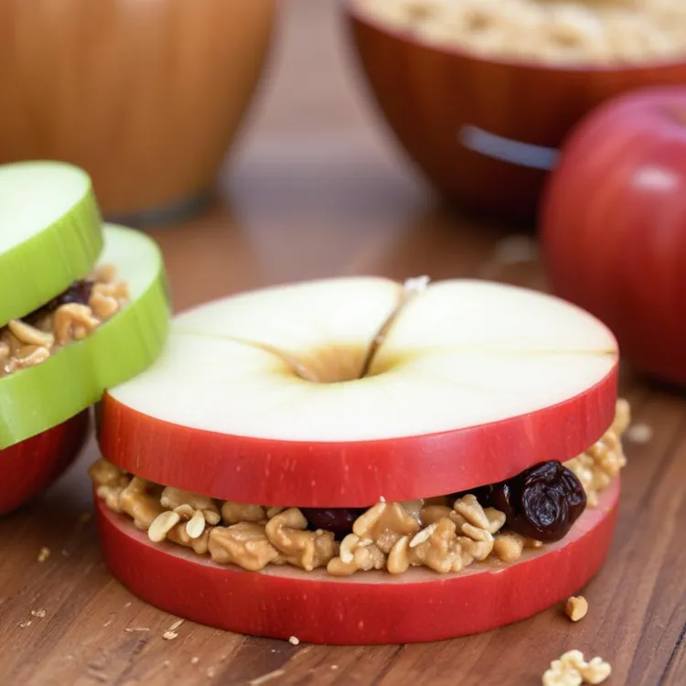 Cinnamon oat apple peanut butter sandwich with raisins