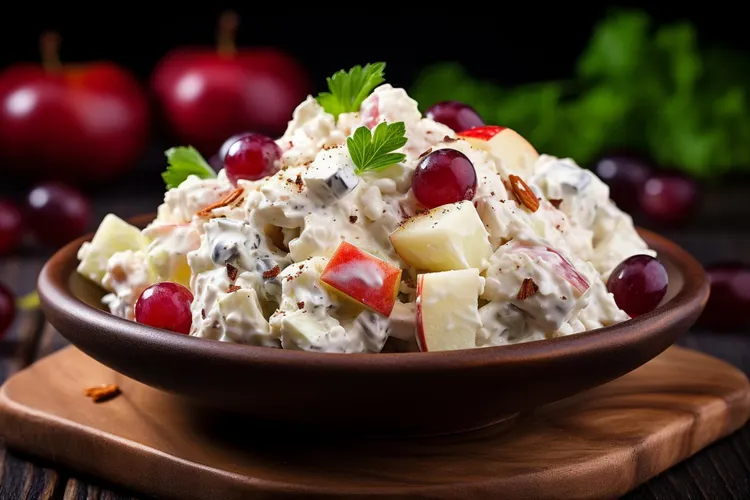 Curry-spiced chicken salad with fruits and nuts