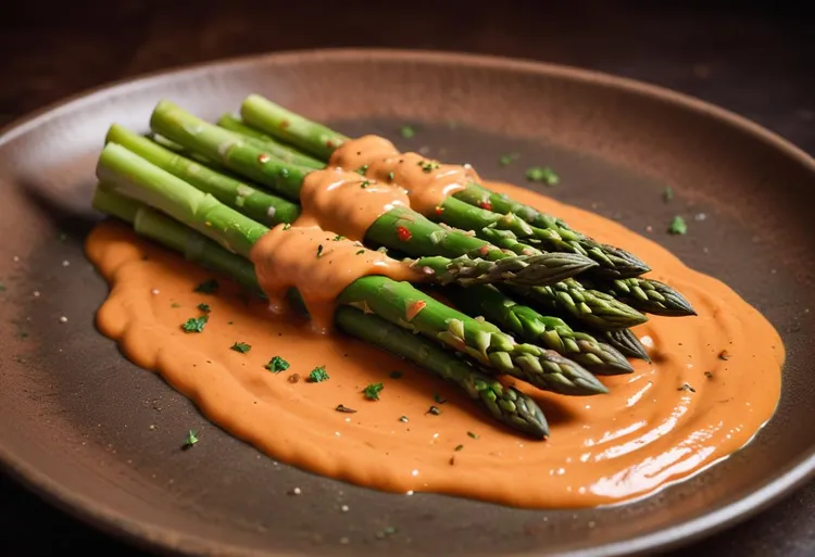 Fresh asparagus with roasted red capsicum mayonnaise