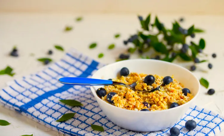 Paleo zucchini oatless oatmeal bowl with blueberries