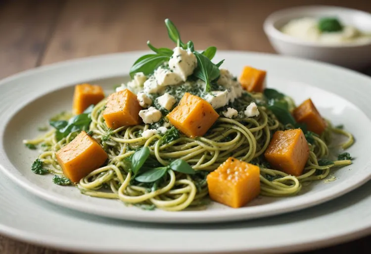 Rocket pesto spaghetti with roast pumpkin and ricotta