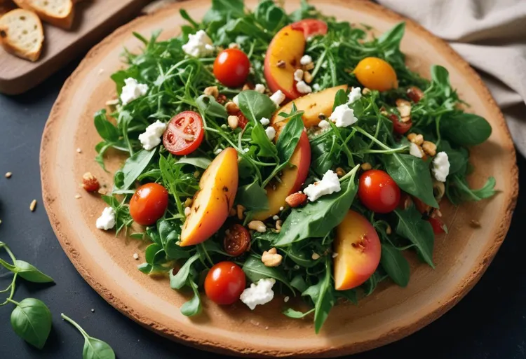 Summery tomato, peach and goat cheese salad
