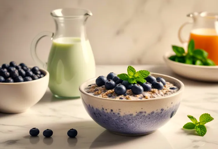 Vegan chocolate zucchini oatmeal bowl with blueberries