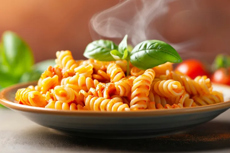 Vegan roasted red pepper pasta with onion, garlic and spices