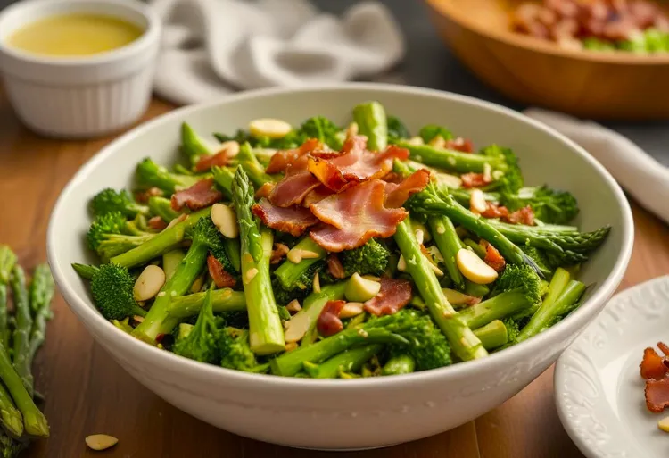 Warm bacon and broccoli keto salad with almonds and olive oil