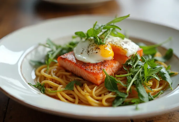 Angel hair pasta with salmon and poached eggs