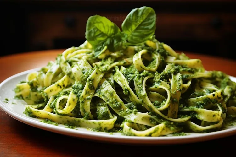 Avocado pesto pasta with spinach, pecans and lemon