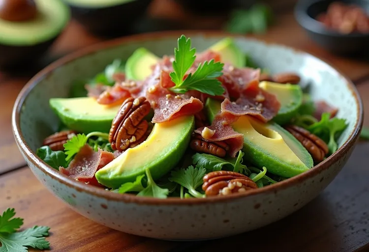 Avocado, prosciutto and pecan salad