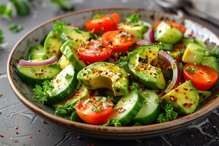 Fresh avocado salad with cherry tomatoes and cucumber