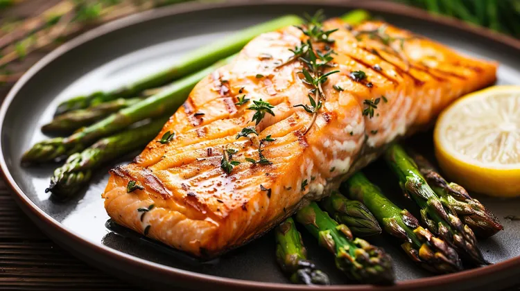 Baked salmon with lemon, thyme and asparagus