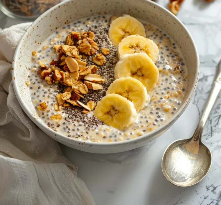 Banana yogurt chia bowl with cashews and cinnamon