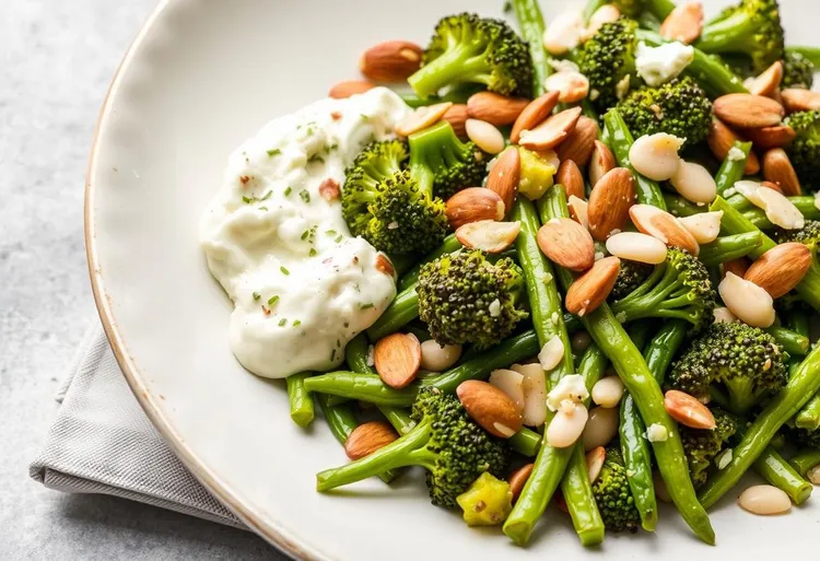 Broccoli, beans and almonds with lemon ricotta