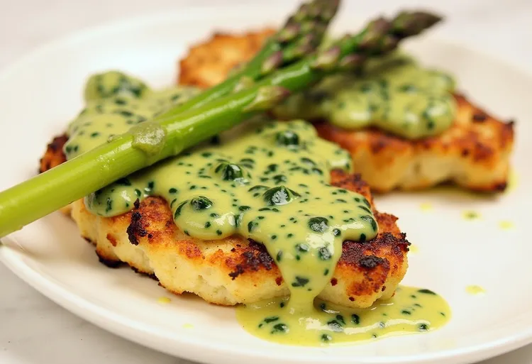 Cauliflower steaks with warm asparagus dressing