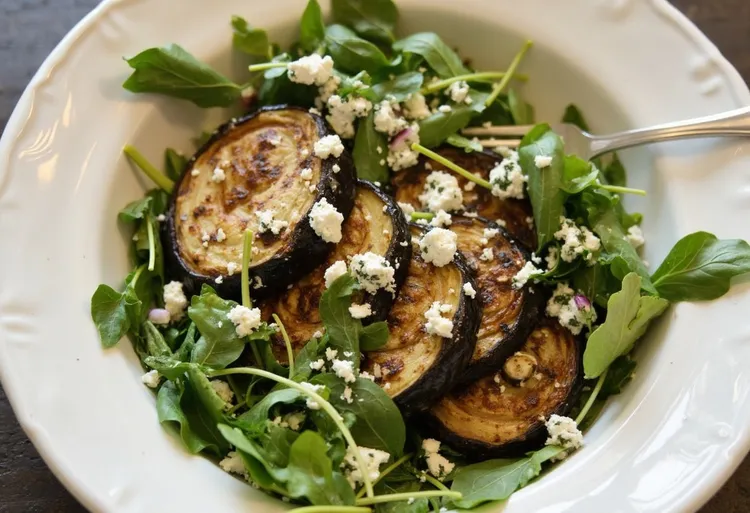 Chargrilled eggplant, olive and feta salad