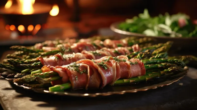 Chargrilled prosciutto asparagus with pesto dressing