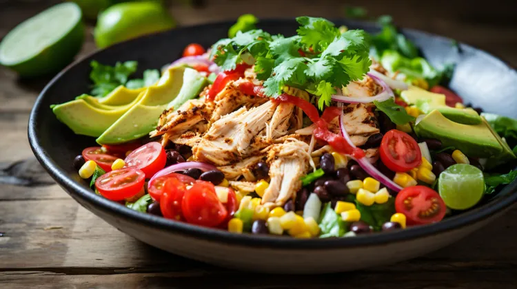 Chicken burrito bowl with avocado, tomatoes and black beans