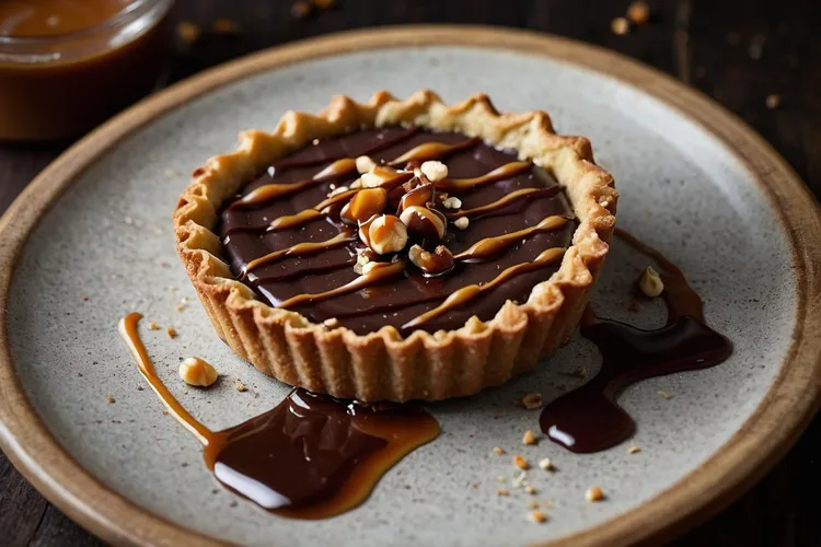 Choc ganache tarts with peanut brittle