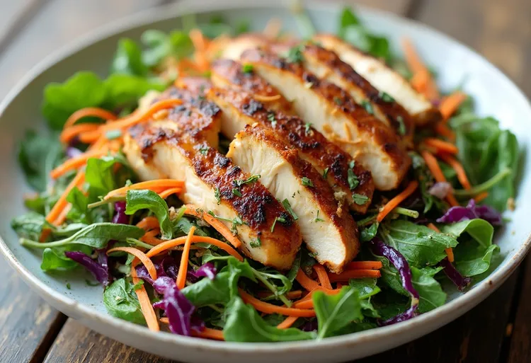 Arugula chicken salad with carrots and red cabbage