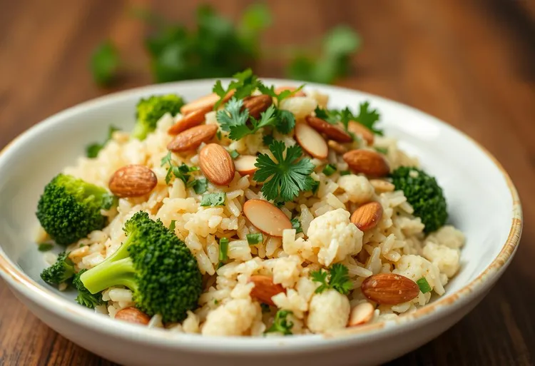 Creamy rice with vegetables and almonds