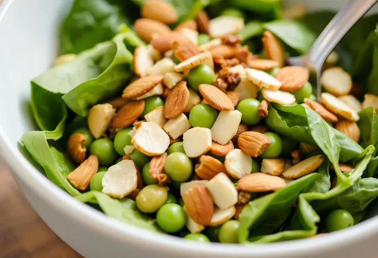 Crisp green pea & almond spinach salad