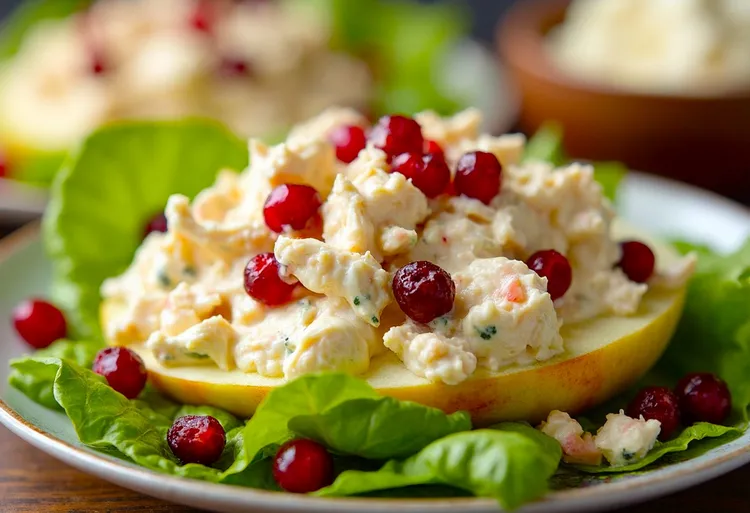 Chicken salad apple bites with cranberries and greek yogurt