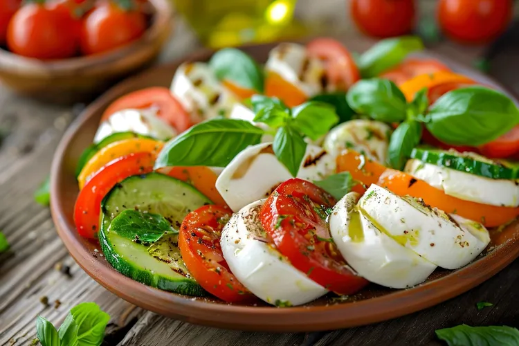 Cucumber avocado caprese salad with mozzarella