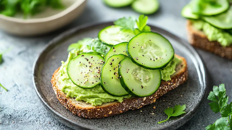 Cucumber avocado toast with basil and lemon