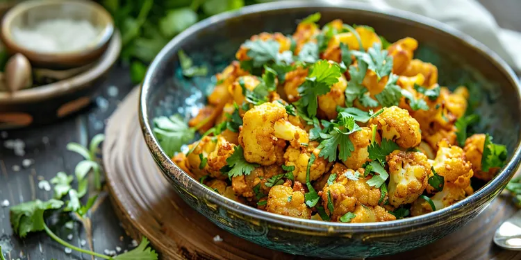 Curry cauliflower with peanut butter, almonds and olive oil