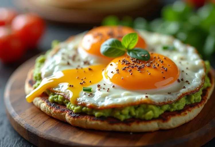Egg, avocado and garlic pita pizza