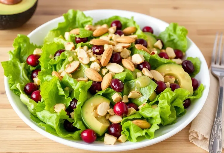 Avocado and cranberry salad with almonds and italian dressing