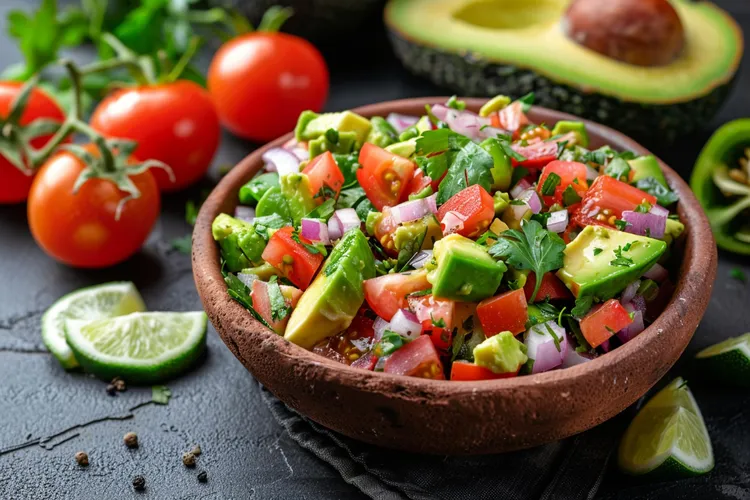 Fresh cucumber, tomato and avocado salad with coriander