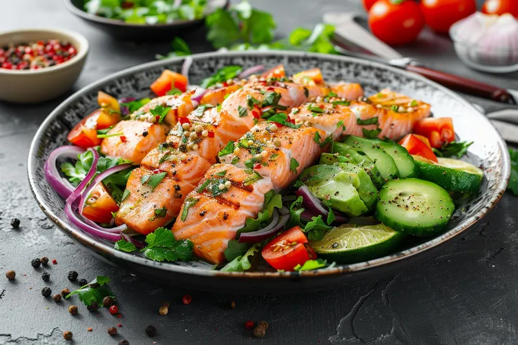 Fresh salmon salad with avocado, tomato and cucumber