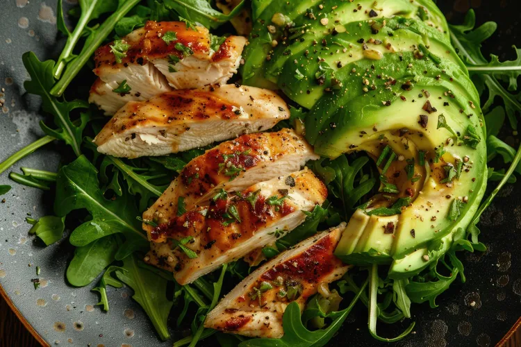 Grilled chilli chicken with avocado and green salad