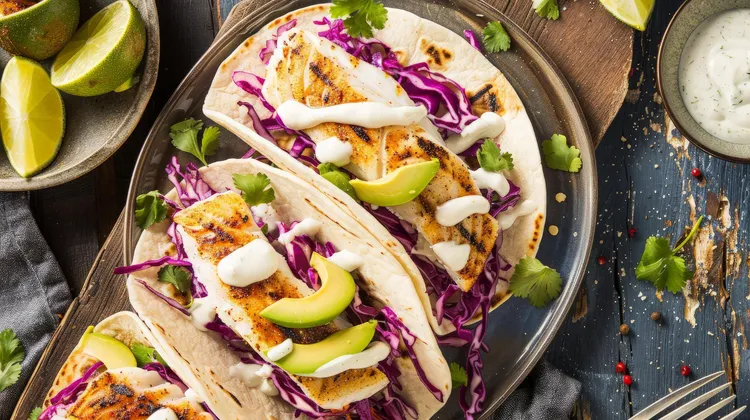 Grilled tilapia fish tacos with cabbage, avocado and lime