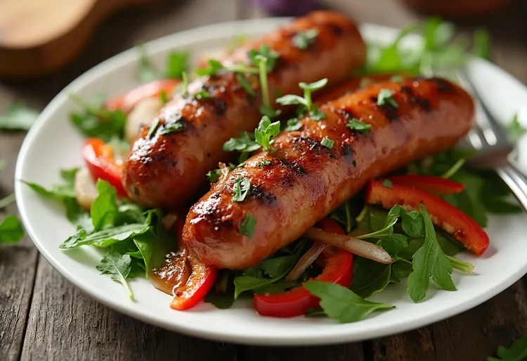 Grilled italian sausage with peppers, onions and arugula