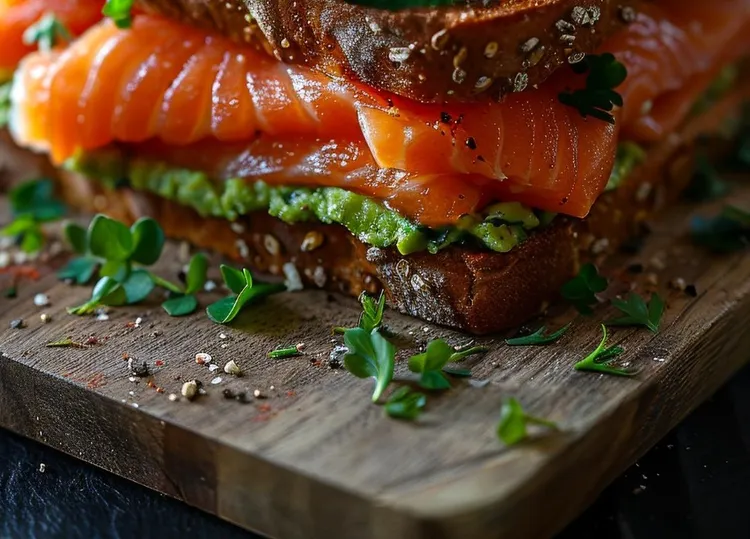 Smoked salmon and avocado egg salad sandwich with cucumber