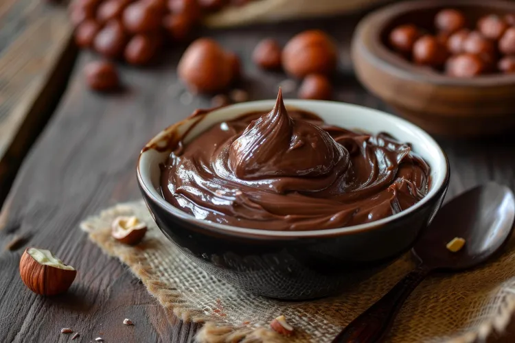 Homemade nutella with hazelnuts, cocoa, sugar and almond milk