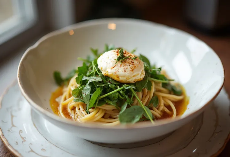 Lemon spaghettini with poached eggs & rocket
