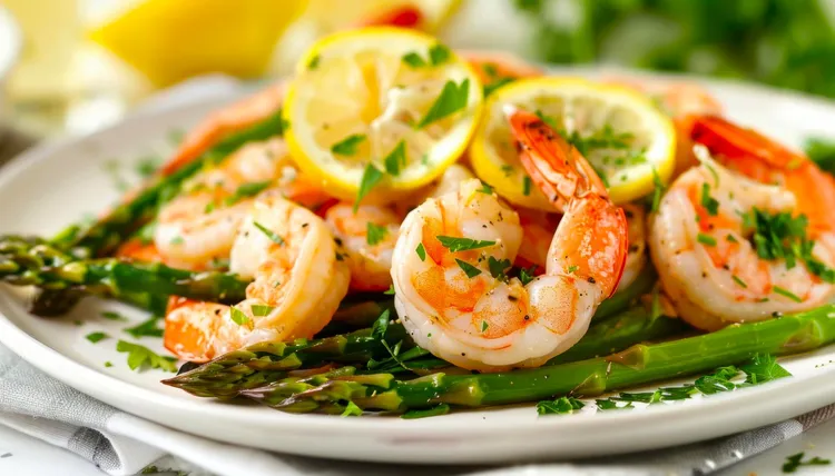 Roasted shrimps with asparagus