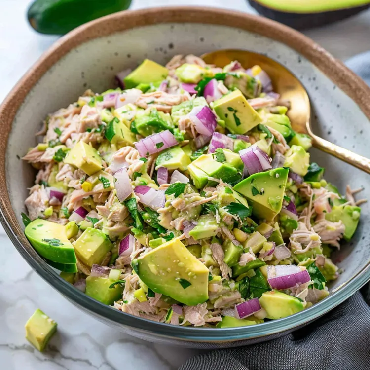 Paleo avocado tuna salad with lemon, onion and spices