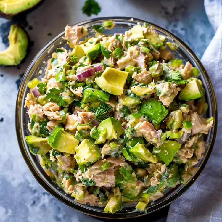 Paleo avocado tuna salad with lemon, onion and spices