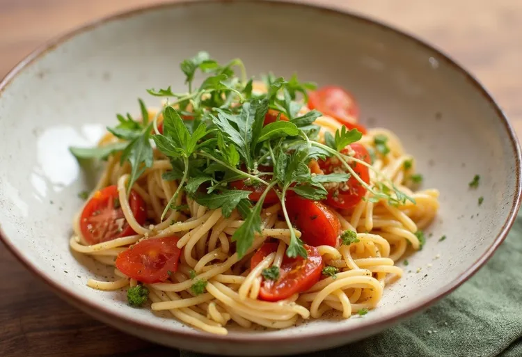 Garlic cherry tomato pasta with arugula