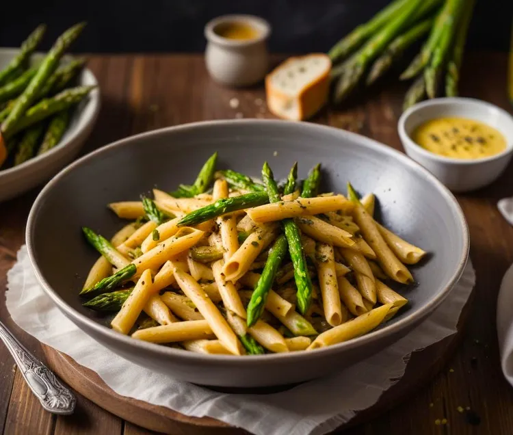 Penne with roasted asparagus and balsamic butter sauce