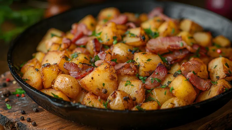 Roast potatoes with bacon & alfalfa