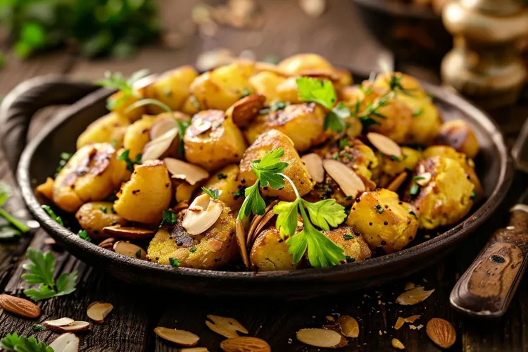 Roasted fingerling potatoes with chive pesto and almond crumble