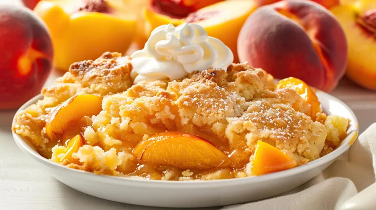 Warm roasted-peach streusel with almonds and cream