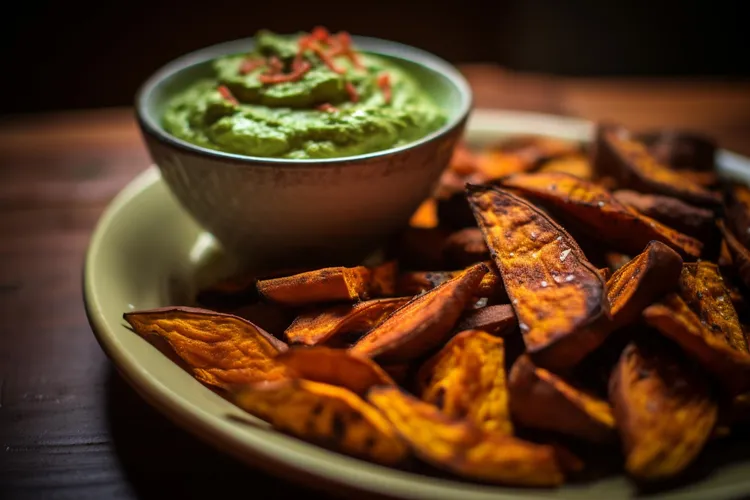 Roasted sweet potato wedges with avocado chimichurri sauce