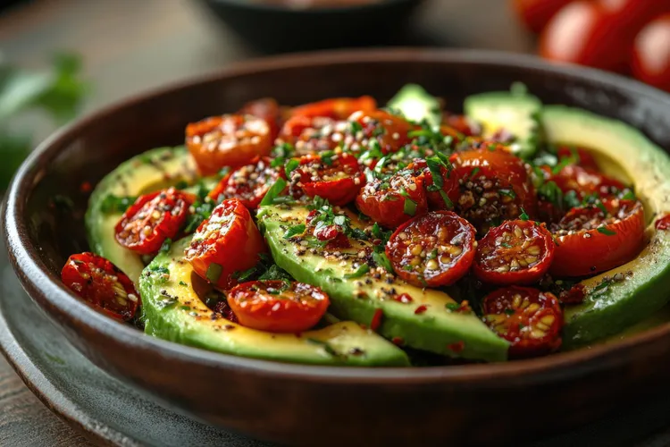 Roasted tomatoes with avocado & basil